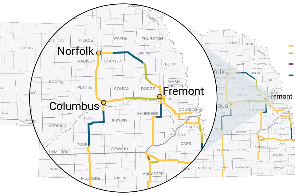 A map showing planned and under-construction segments of roads in Nebraska.